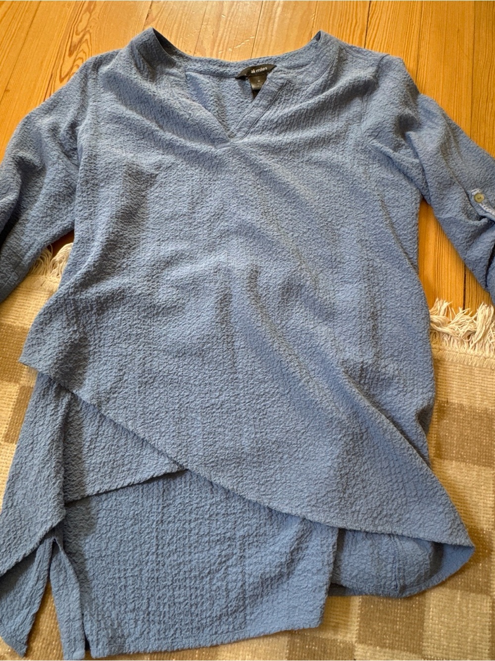 Ali Miles Textured Blue V-Neck Wrap Blouse